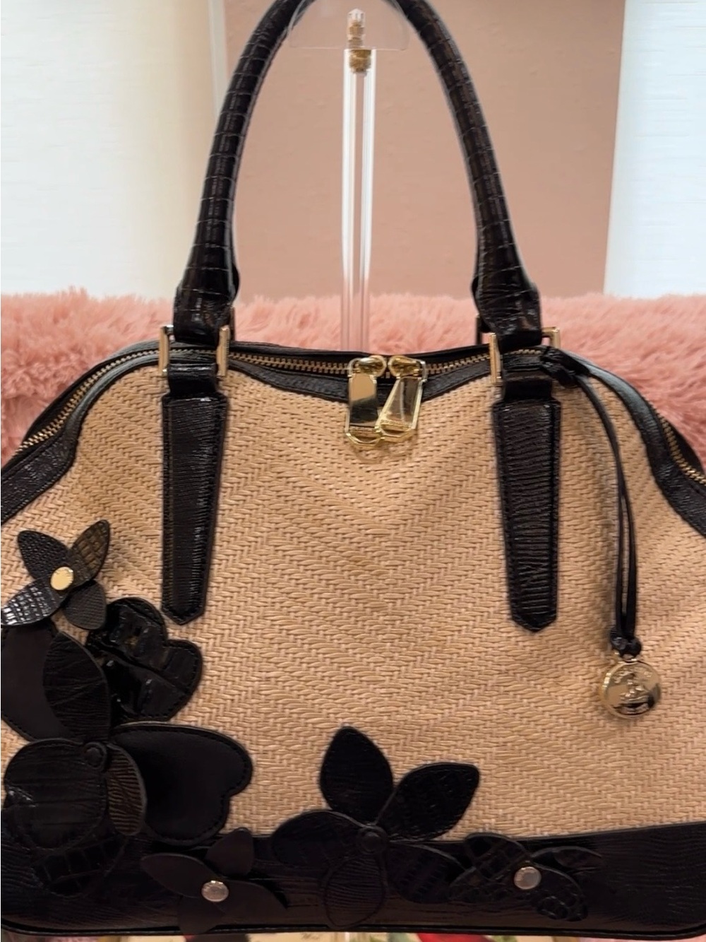Brahmin Beige Woven Satchel with Black Trim & Floral Appliqué